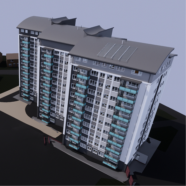 Artistic render of 3 blocks of flats.