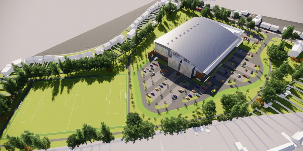 Artists aerial shot of proposed Sandwell Aquatics Centre