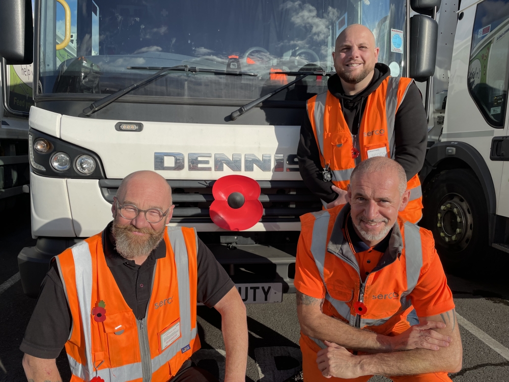 Left to right - Richard Langford, supervisor, Lawson Davies, loading operative and Cllr Millard, standing in front of the a Dennis Serco waste vehicle
