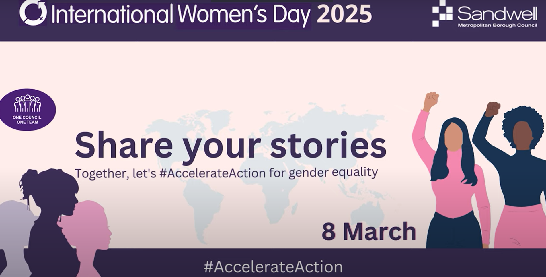 International Women's Day 2025 - Accelerate Action graphic with images of graphical style women holding up hands