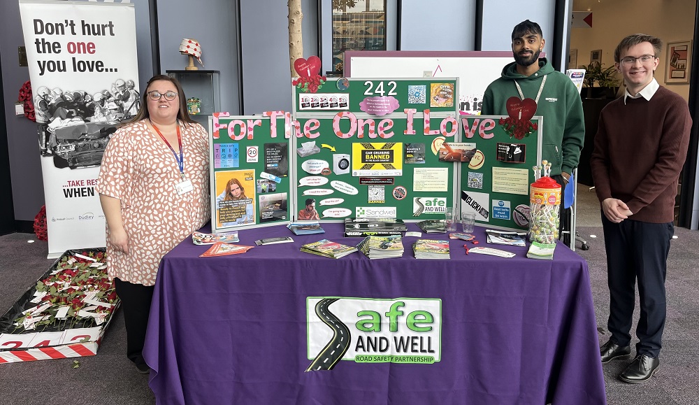 At Sandwell College promoting the &lsquo;For The One I Love&rsquo; campaign, Sandwell Council&#039;s Sophie Lounds (Road Safety Education Officer), Jovan Sandhu (Trainee Technician) and Antony Knight (Trainee Technician)