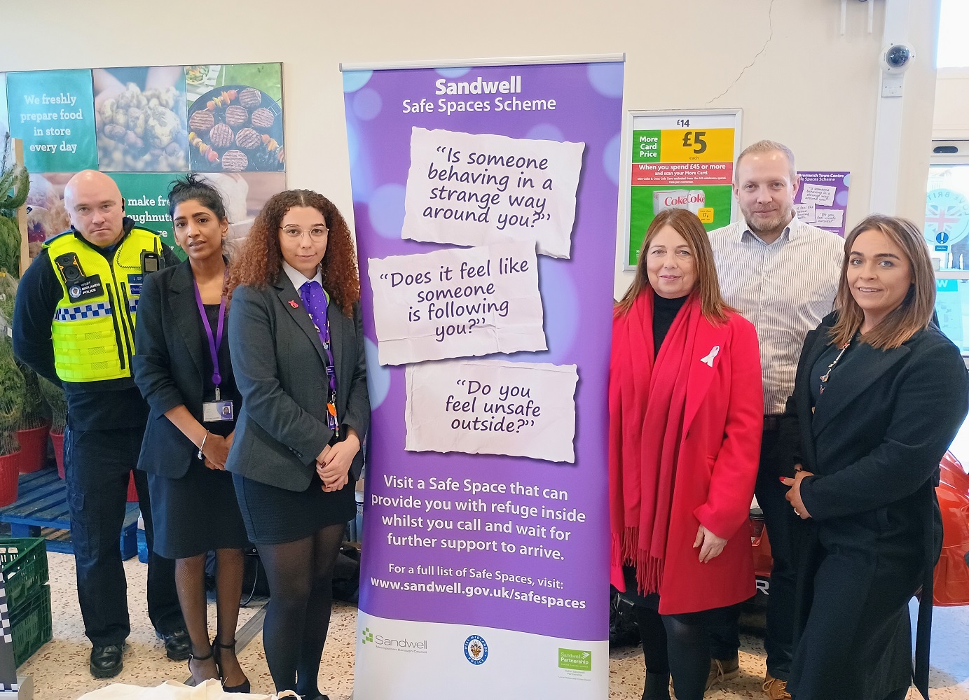 Launching the new Safe Spaces scheme in Wednesbury are representatives from West Midlands Police, West Bromwich Building Society, Sandwell Council, Sandwell Leisure Trust and Wednesbury Morrisons