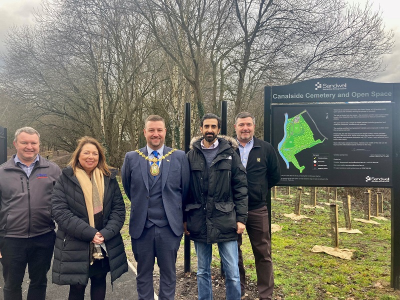 Sandwell Council Leader Cllr Kerrie Carmichael with Mayor of Sandwell Cllr Richard Jones and other colleagues at Canalside Cemetery